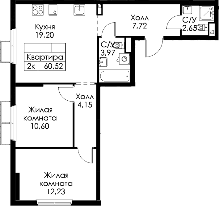 2-комнатная квартира 60.52 м², 2/15 эт., ЖК «Янинский лес»